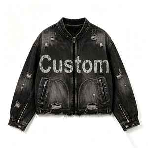 Chaqueta Bomber Corta con Cremallera, Estilo Desgastado, con Gráfico de Bordado de Cruz Gótica Oscura Kornit DTG, con Detalles Deshilachados y Agujeros, Corte Holgado, Estilo Urbano - Product Image 4