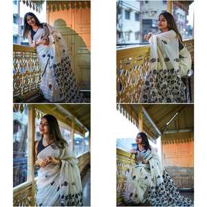 Sari indien traditionnel en coton imprimé blanc et noir, avec pièce de blouse non cousue pour femme, idéal pour les fêtes, toutes saisons, style indien et pakistanais. - Product Image 5