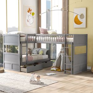 Letto a Castello Grigio per Bambini con Soppalco Integrato e Due Cassetti - Product Image 1