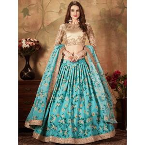 Belle tenue de fête en organza imprimé numérique à fleurs bleu ciel Sabyasachi Lehenga Choli - Product Image 6