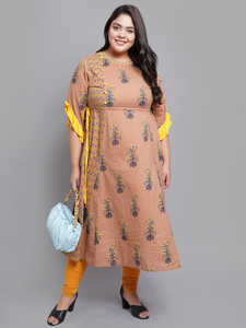 Multi Floral <b>Printed</b> Cotton A LINE Kurti With Boat Neck And Three Quarter Sleeves For Plus Size Women's Fashion - Product Image 1