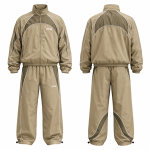 <b>Men</b> <b>Khaki</b> Windbreaker <b>Tracksuit</b> 300 GSM Full Zip Custom Logo Stand Collar 100% Nylon Athletic Wear Side Pockets Set - Product Image 1