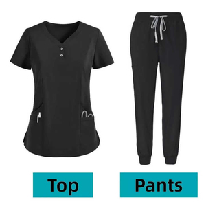 Tenues médicales pour femmes les plus vendues : Ensembles de blouses et pantalons en coton tricoté à manches courtes pour cliniques et infirmières - Product Image 2