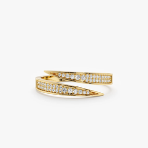 Bague Moderne en Or Massif 14K avec Diamant de Laboratoire, Anneau Bypass à Griffes, Bague Manchette à Double Rangée de Diamants Pavés Effilés pour Femme - Product Image 1