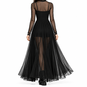 Robe longue noire à col choker et manches longues, avec superposition transparente, coupe trapèze ajustée, ourlet asymétrique, idéale pour les soirées, toutes saisons - Product Image 3