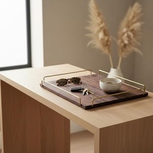 Luxury Acacia Wood Modern Eco-friendly Serving Tray with Gold Metal Handles Rectangular Ottoman Coffee <b>Table</b> Home Decor - Product Image 1