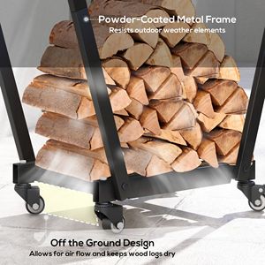Black Metal Firewood Rack with Wheels 31.1\" X 11.8\" X 31.9\" Indoor/Outdoor <b>Log</b> <b>Holder</b> with Kindling Tool Hooks Women's Coats - Product Image 5