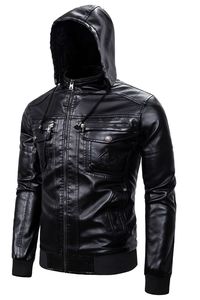 Blouson de motard pour homme en cuir PU à capuche avec doublure en fausse fourrure, fermeture éclair, couleur unie, coupe ajustée, style moto, pour l'automne - Product Image 4