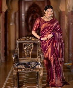 Traditional Indian Silk Saree Maroon Banarasi Style <b>Floor</b>-Length Wedding Wear for Women Regular Fit Wrinkle Free - Product Image 3