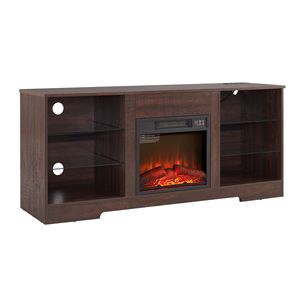 Customizable Modern TV <b>Stand</b> Electric Fireplace 3D LED Lights Glass <b>Shelves</b> Wood USB Charging Outlet Contemporary Television - Product Image 5