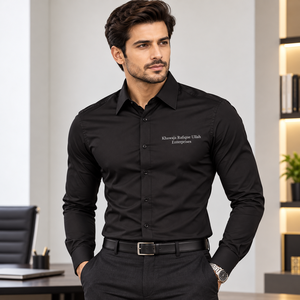 Camisa de vestir de manga larga para hombre con logo bordado, transpirable, de color liso, estilo casual elegante, con cuello vuelto, precio mayorista, precio económico. - Product Image 3