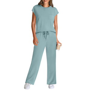 Production OEM en gros, ensembles pour femmes ODM, logo personnalisé avec taille, tissu doux, coupe décontractée, ensemble de vêtements de détente d'été pour femmes - Product Image 1