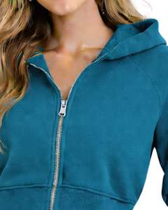 Womens <b>Cropped</b> <b>Zip</b> <b>Up</b> Hoodie Long Sleeve Casual Sweatshirt Soft Fleece Streetwear Teal Blue Color Autumn Winter Fashion Wear - Product Image 3