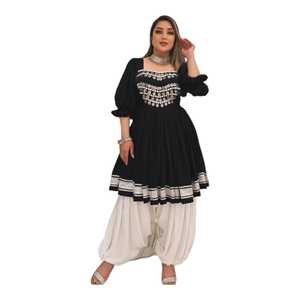 Bohemian Black Beaded A-Line <b>Dress</b> With Puff Sleeves Square Neck Plus Size Knee-Length Chiffon Women's Outfit - Product Image 1