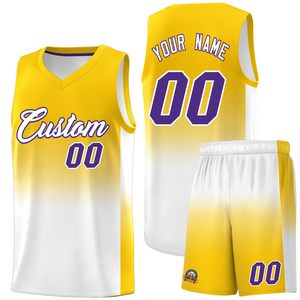 Conjunto de Uniforme de Baloncesto Sublimado Personalizado, Unisex para Adultos, Amarillo y Blanco Degradado, Camiseta sin Mangas y Pantalones Cortos con Número Impreso, que Absorbe la Humedad - Product Image 1
