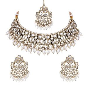 Ensemble collier et boucles d'oreilles en alliage plaqué or rose avec perles d'imitation et véritables perles, bijoux de mode pour femmes, pour les soirées - Product Image 1