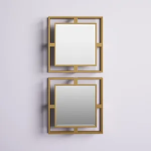 Modern Gold Plated Square <b>Wall</b> Mirror Set 2Pcs Geometric Design Home Decor Living Room Artistic <b>Frame</b> - Product Image 1