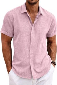 Chemises en coton pour hommes en gros, ODM, à manches courtes, imprimées feuilles de palmier hawaïennes, rayées, décontractées, avec patte de boutonnage recouverte, pour l'été et la plage - Product Image 2