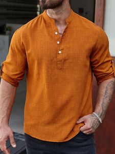Camisa de Hombre con Cuello Mao, Manga Larga, Estilo Casual con Botones, Ligera, Transpirable, de Secado Rápido, Poliéster/Algodón, Teñido Liso - Product Image 4