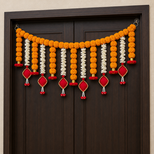 Orange Marigold Toran with White Floral Strings and Ganesha Idol Decorative Puja Backdrop for Festival <b>Home</b> Entrance Decor - Product Image 4