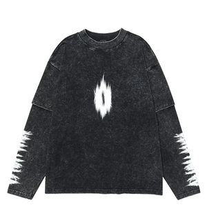 T-shirt personnalisé col rond 260 grammes coton bambou streetwear délavé à l'acide double couche manches longues coupe oversize écoresponsable 2-en-1 sérigraphié - Product Image 1