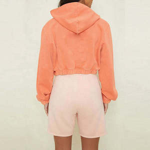 Women's Coral <b>Cropped</b> Hoodie Fleece <b>Zip</b>-<b>Up</b> Sweatshirt Short Length Solid Color Hooded Casual Wear Autumn Style - Product Image 6