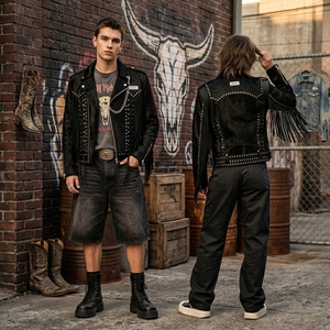 Custom Mens Western Goth Rockstar Cowhide Hair On Fringe Studded Heavy Metal Asymmetric Zip Motorcycle <b>Biker</b> Punk Luxury Coat - Product Image 6