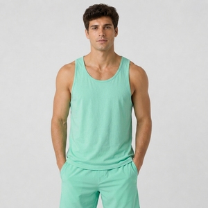 Men's Solid <b>Mint</b> <b>Green</b> O-Neck Knitted Tank <b>Top</b> Casual Style Plain Dyed Breathable Lightweight Fit - Product Image 1