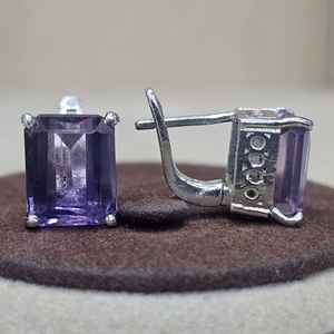 Boucles d'oreilles en argent sterling 925 avec améthyste naturelle à coupe émeraude, bijoux fantaisie, cadeau pour femme, fabrication artisanale sur mesure - Product Image 3