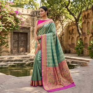 Sari en soie vert marine avec un riche motif tissé Zari |   Tenues traditionnelles indiennes pour femmes pour les mariages et les fêtes de Diwali - Product Image 1