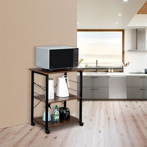 Carrello portaoggetti da cucina vintage a 3 livelli con piano in legno, supporto per forno a microonde, workstation con struttura in metallo nero, scaffale da panettiere RT - Product Image 2