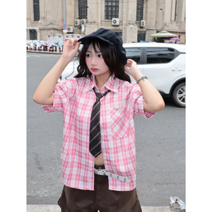 Camisa de mujer de manga corta, rosa a cuadros, con botones, estilo casual para primavera/verano, hecha de tela de algodón, con bolsillos. - Product Image 3