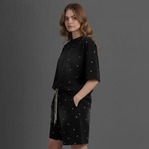 Ensemble 2 pièces pour femmes, short et haut en coton tricoté, imprimé étoiles noires, coupe ample, col rond, manches courtes, décontracté, toutes saisons - Product Image 6