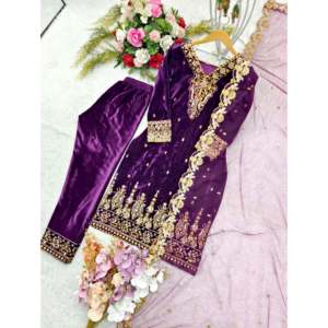 Ensemble haut et dupatta pour femme, couleur unie violette, élégant, pour soirée, avec broderie complexe et travail de sequins, 1200g, taille L - Product Image 2