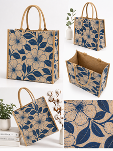 Two Color Large Floral Printed <b>Jute</b> Tote <b>Bag</b> with Rope Handle Open Closure Eco Friendly Reusable <b>Shopping</b> Laminated Heavy Duty - Product Image 3