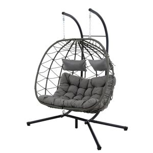 Sedia a dondolo a forma di uovo per 2 persone, da interno/esterno, in vimini, con supporto, per patio, giardino e uso interno/esterno - Product Image 1