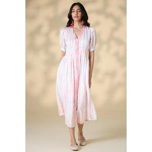 Vestido Midi a Rayas Pastel para Mujer, Manga Corta Abullonada, Cierre de Botones, Vestido Casual de Verano de Algodón - Product Image 1