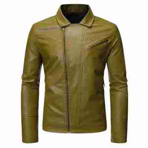 Veste en cuir PU vert pour homme, style motard, col rabattu, fermeture éclair, coupe ajustée, pour l'automne - Product Image 4