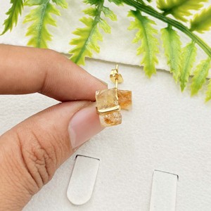 Raw Citrine <b>Stud</b> <b>Earring</b> Center Bezel <b>Set</b> Handmade Natural Gemstone Birthstone Jewelry Gift for Women - Product Image 5