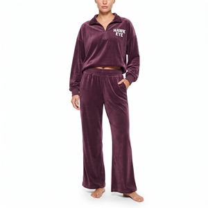 Conjunto de chándal de terciopelo personalizado para mujer: Sudadera con cremallera de un cuarto, cuello vuelto, hombros caídos, mangas con puños y pantalón jogger de pierna ancha. - Product Image 5