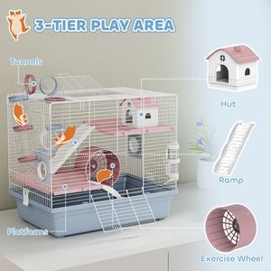 Gabbia a 3 livelli per piccoli animali con ruota per esercizi, ciotola per cibo, borraccia, tunnel e rampe - per criceti - Product Image 4