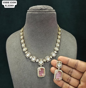 Elegant Pastel Pink & Uncut Kundan Accented <b>Statement</b> <b>Necklace</b> Set with Earrings Set For Women - Product Image 1