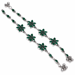 Tobilleras con diseño floral para mujer, estilo bohemio, aleación chapada en plata tibetana, incrustaciones verdes, joyería para fiesta - Product Image 3