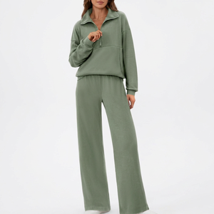 Conjunto Deportivo Verde para Mujer con Cierre de Cremallera a la Mitad, Pantalones Anchos de Pierna Larga, Corte Holgado Informal, 100% Algodón, Ropa de Otoño - Product Image 4