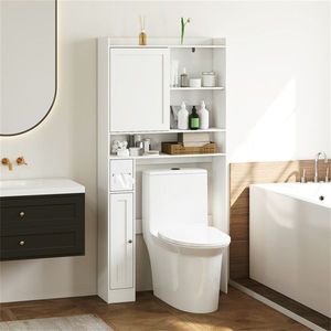 Meuble de rangement blanc pour toilettes avec 1 étagère supérieure, 2 armoires fermées, dimensions 32,5'x10'x67,5", porte-papier toilette inclus - Product Image 2