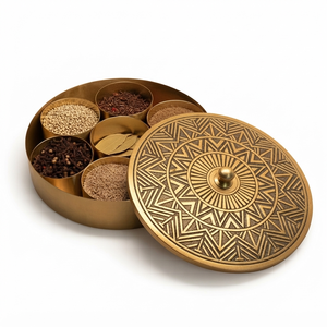 Ethnic Indian Brass Masala Dabba <b>with</b> Floral Engraved <b>Lid</b> and Spoon | Round Multi Bowl Spice Storage <b>Box</b> for Home Kitchen - Product Image 1