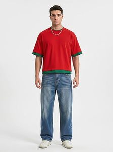 Men's <b>Red</b> <b>Oversized</b> T-<b>Shirt</b> with Front Logo Green Contrast Trim Short Sleeve O-Neck Casual Knitted Cotton Fit - Product Image 2