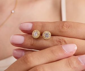 Zircon Wedding Pave Halo <b>Stud</b> Earrings 925 Sterling <b>Silver</b> 14K Gold Plated Bridal Jewelry For Women Elegant Gift - Product Image 4