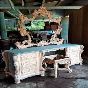 Hand-carved solid teak wood console vanity <b>table</b> frame with ornate mirror border, available at wholesale prices. - Product Image 3