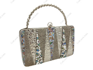 indian handmade Luxury Mother Of Pearl Silver <b>Clutch</b> With Handcrafted Metal Texture Pearl Crystal Work Evening Party Wedding <b>Bag</b> - Product Image 3